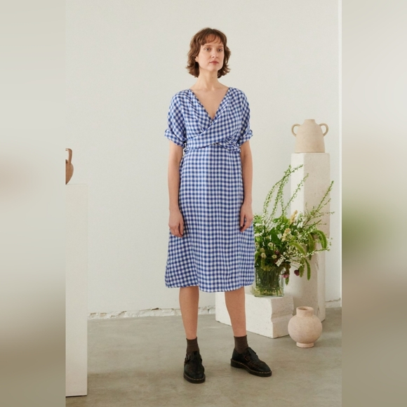 Linenfox Alex Dress Blue Gingham Linen Size XS - Picture 3 of 7